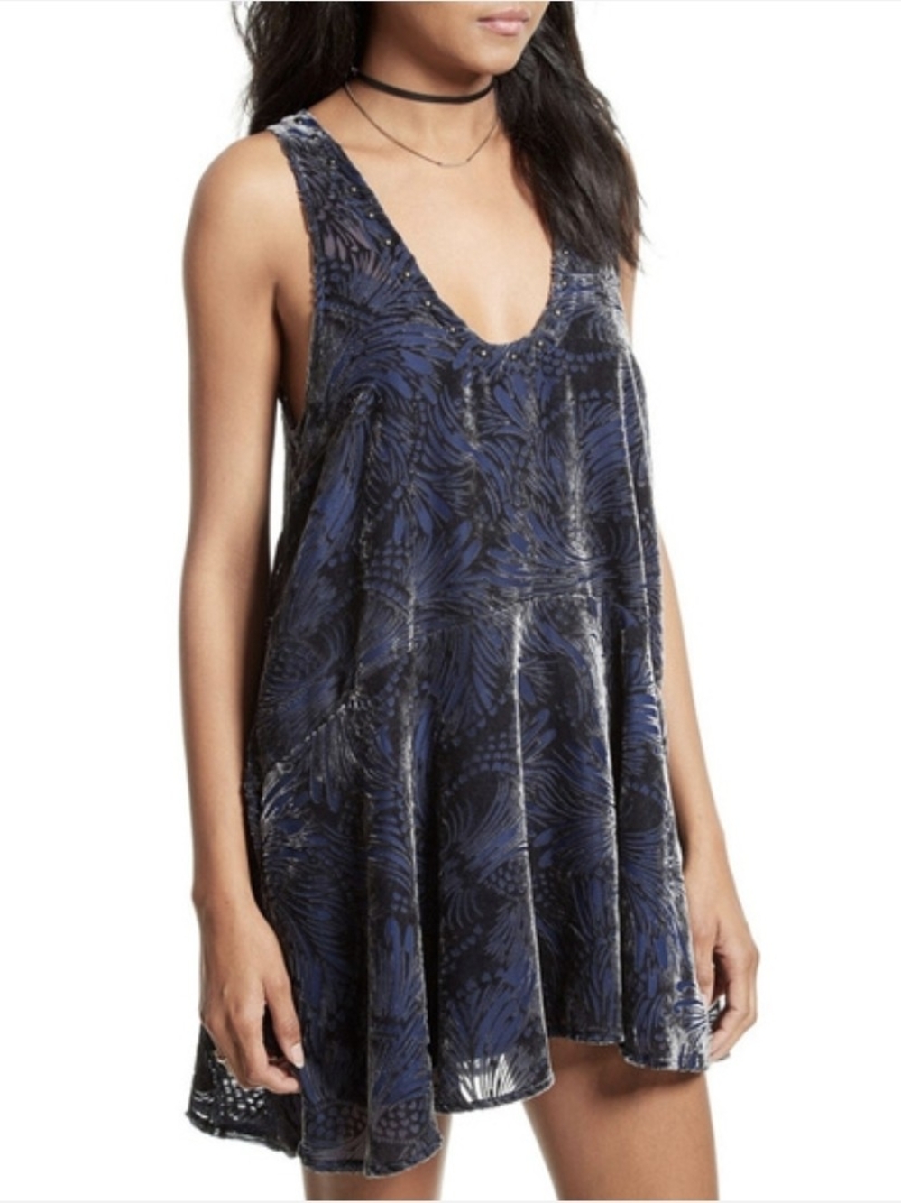 Free People Ellie Burnout Velvet Mini Dress Navy Studded Womens M 18x34